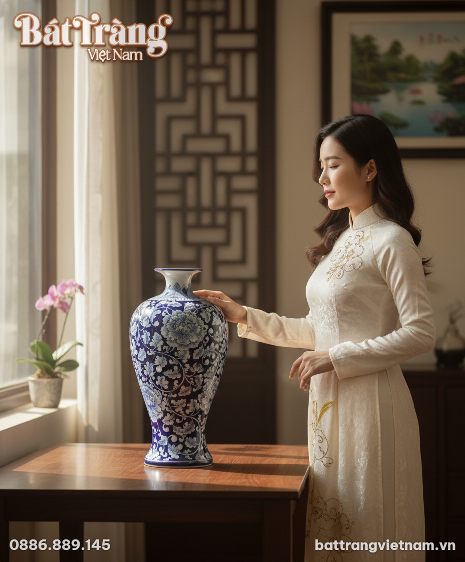 Cận cảnh bình hoa dáng mai bình men xanh vẽ mẫu...