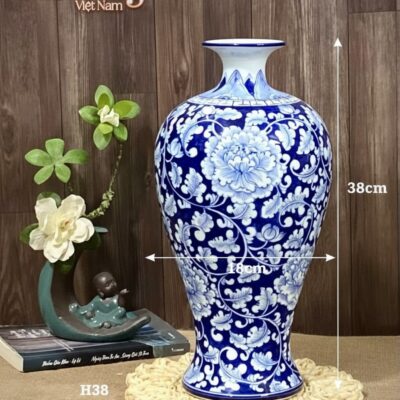 Kích thước Bình hoa dáng mai bình men xanh vẽ hoa mẫu đơn BT-LH36