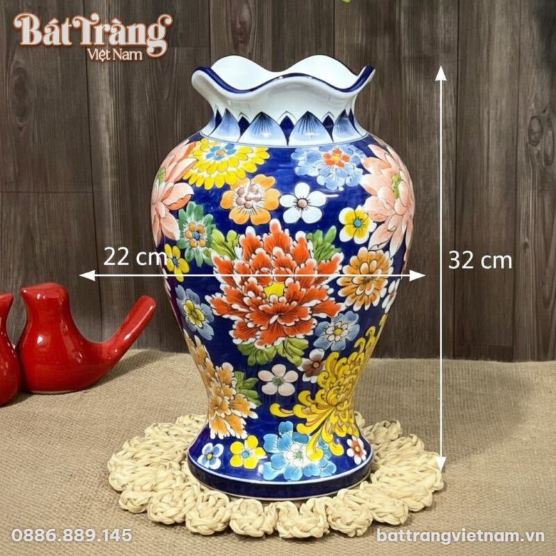 Kích thước Bình hoa dáng đùi dế miệng lượn vẽ hoa mẫu đơn đa sắc BT-LH53 Kích thước Bình hoa dáng đùi dế miệng lượn vẽ hoa mẫu đơn đa sắc BT-LH53