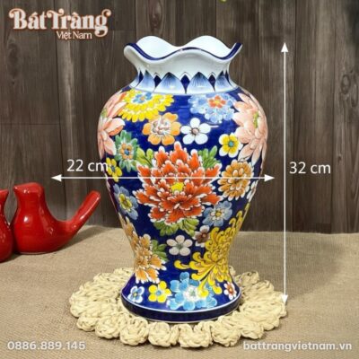Kích thước Bình hoa dáng đùi dế miệng lượn vẽ hoa mẫu đơn đa sắc BT-LH53