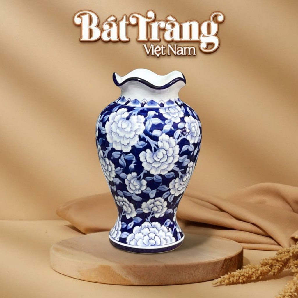 Bình hoa dáng đùi dế miệng lượn vẽ mẫu đơn men xanh BT-LH43