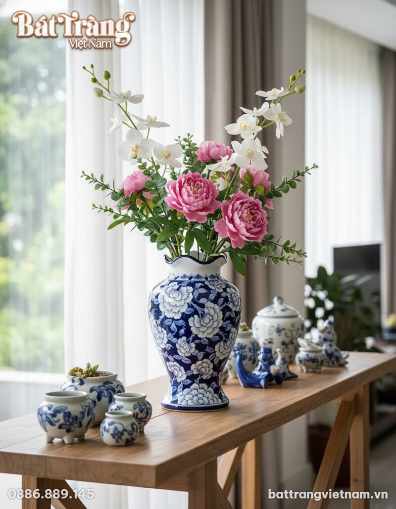 Cận cảnh bình hoa gốm Bát Tràng men xanh họa ti... Cận cảnh bình hoa gốm Bát Tràng men xanh họa ti...