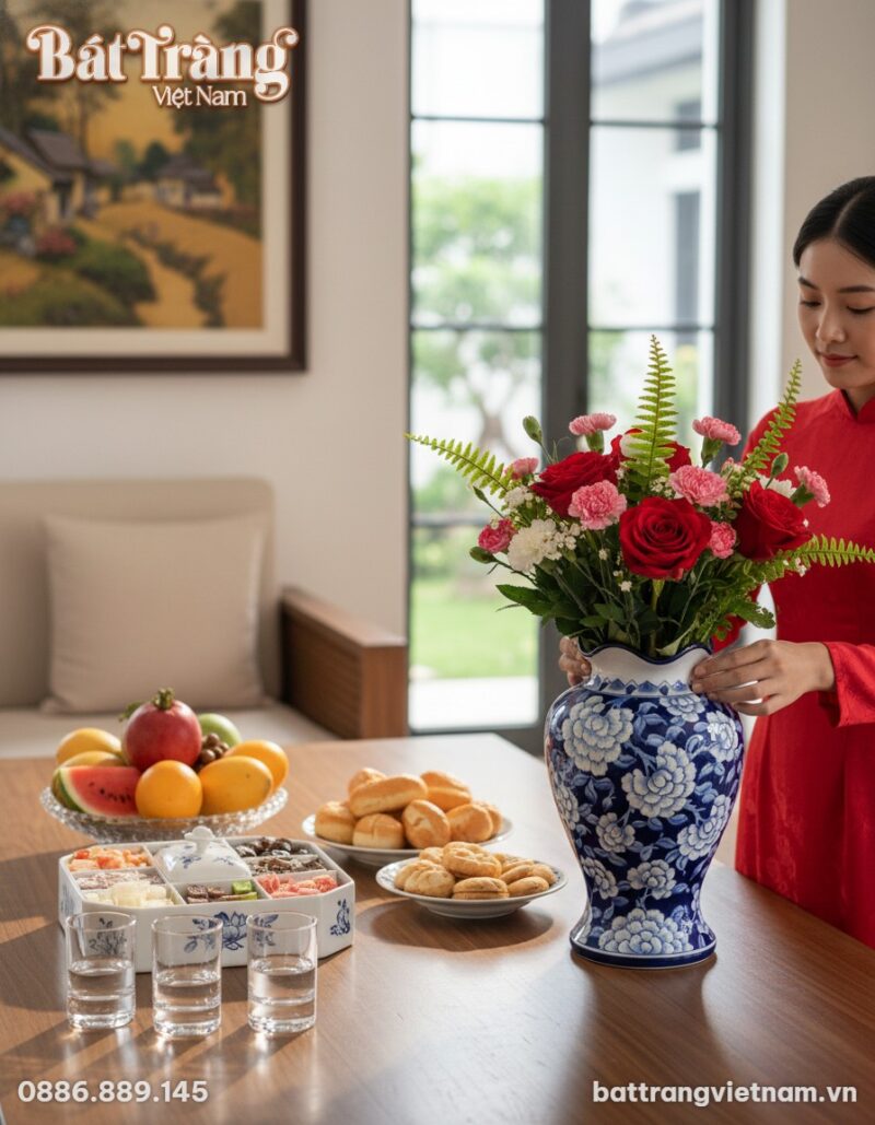 Bình hoa gốm Bát Tràng men xanh họa tiết mẫu đơ... Bình hoa gốm Bát Tràng men xanh họa tiết mẫu đơ...