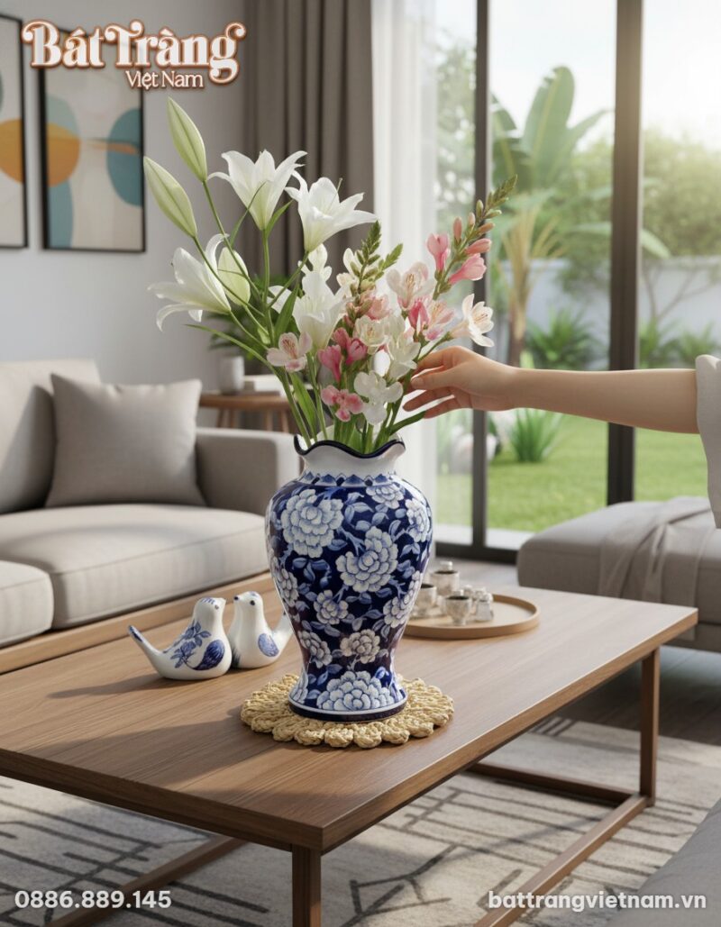 Bình hoa gốm Bát Tràng men xanh họa tiết mẫu đơ... Bình hoa gốm Bát Tràng men xanh họa tiết mẫu đơ...