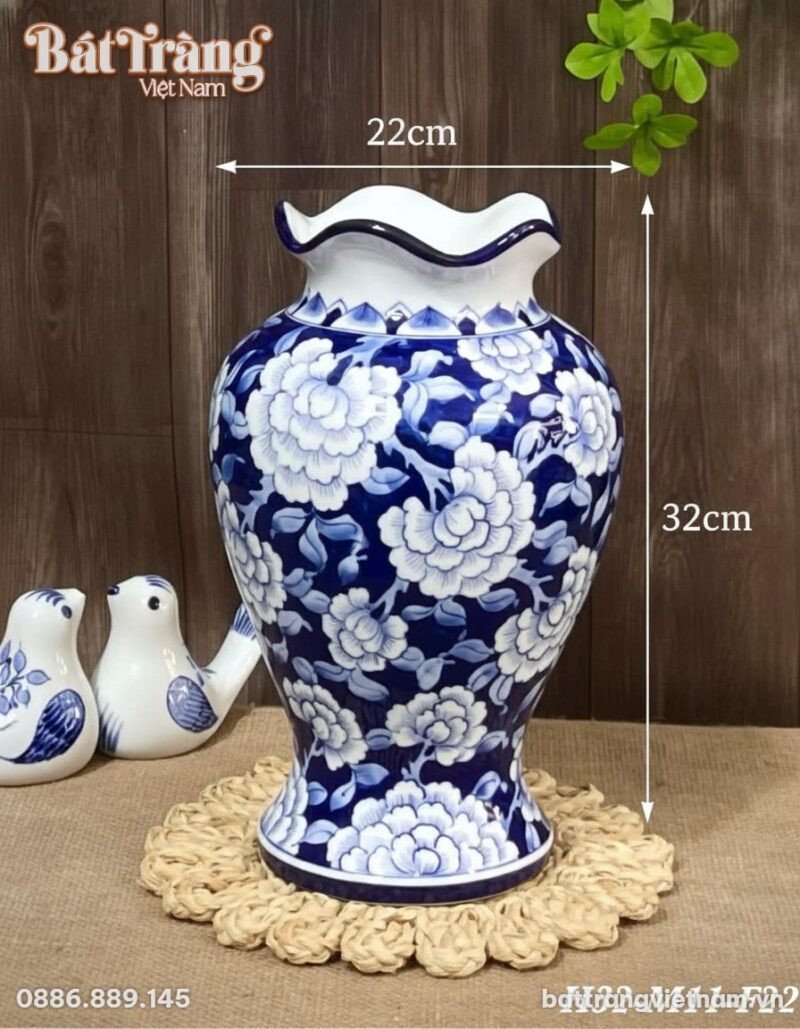 Kích thước Bình hoa dáng đùi dế miệng lượn vẽ mẫu đơn men xanh BT-LH43 Kích thước Bình hoa dáng đùi dế miệng lượn vẽ mẫu đơn men xanh BT-LH43