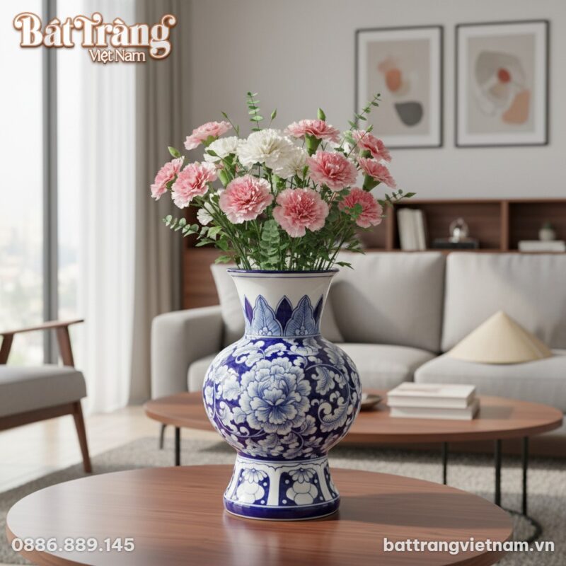 Bình hoa gốm Bát Tràng men xanh vẽ mẫu đơn (cao...