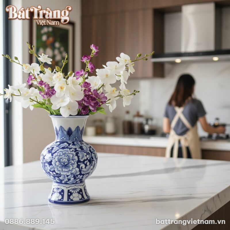 Cận cảnh bình hoa gốm Bát Tràng men xanh vẽ mẫu...