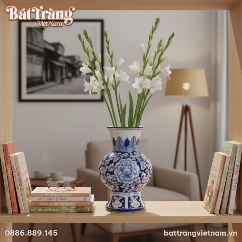 Bình hoa gốm Bát Tràng men xanh vẽ mẫu đơn (cao...