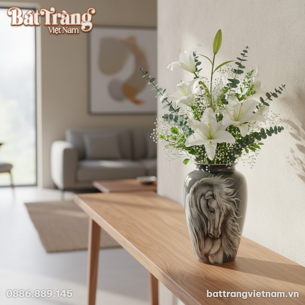 Bình hoa dáng vò họa tiết ngựa men xám cao 33cm...
