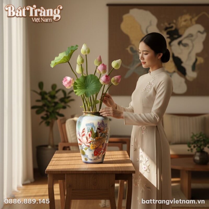 Bình hoa dáng xoài vẽ Cá Chép Liên Hoa cao 33cm...