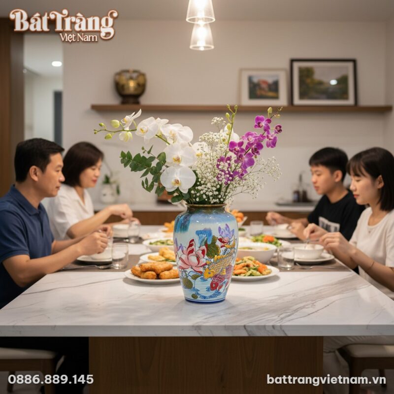 Bình hoa dáng xoài vẽ Cá Chép Liên Hoa cao 33cm...