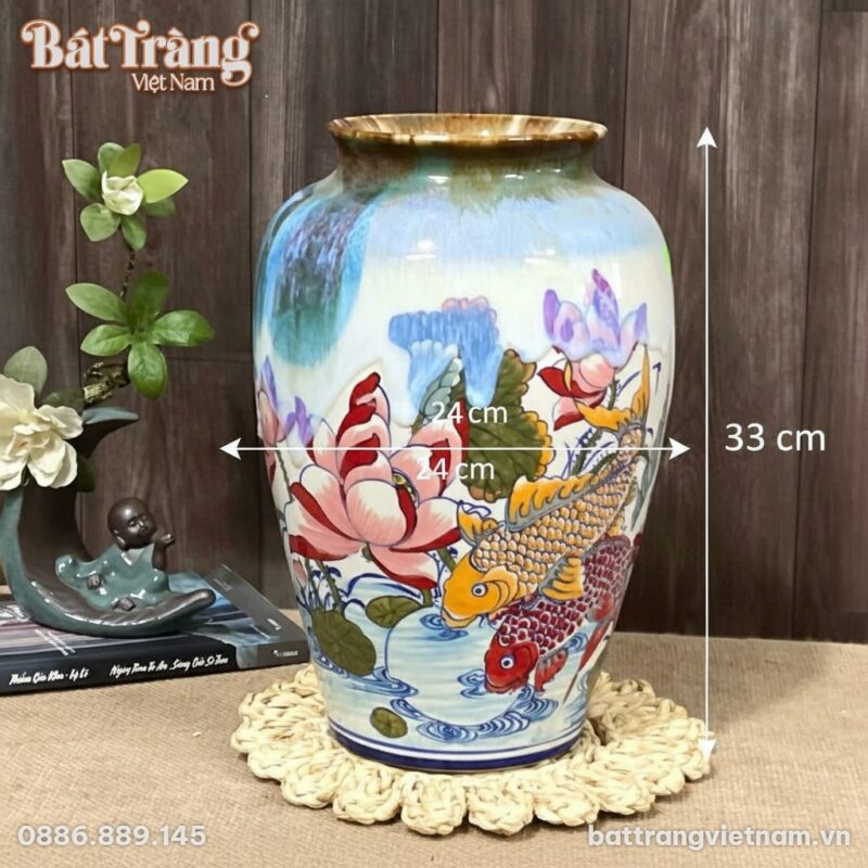Kích thước Bình hoa dáng xoài vẽ Cá Chép Liên Hoa men màu BT-LH48