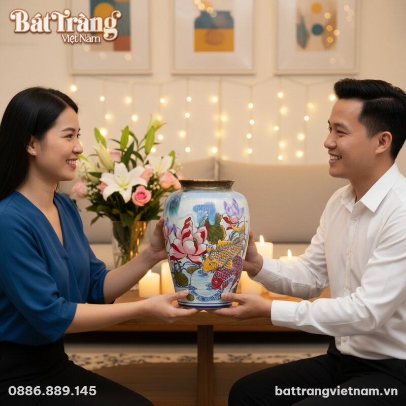 Cận cảnh bình hoa dáng xoài vẽ Cá Chép Liên Hoa...