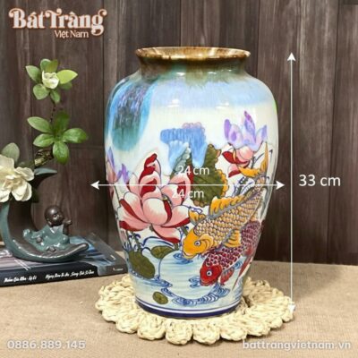 Kích thước Bình hoa dáng xoài vẽ Cá Chép Liên Hoa men màu BT-LH48