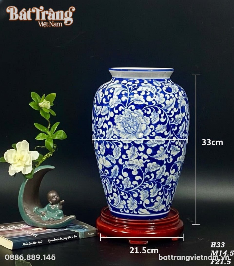 Kích thước Bình hoa dáng xoài vẽ hoa mẫu đơn men xanh BT-LH39