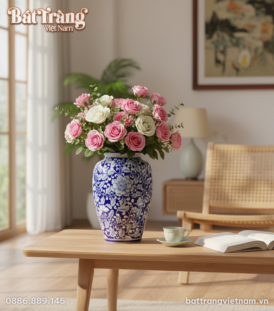 Bình hoa gốm Bát Tràng dáng xoài vẽ hoa mẫu đơn...