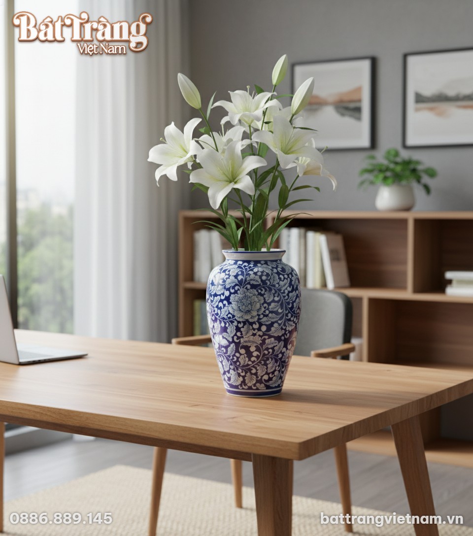 Bình hoa gốm Bát Tràng dáng xoài vẽ hoa mẫu đơn...