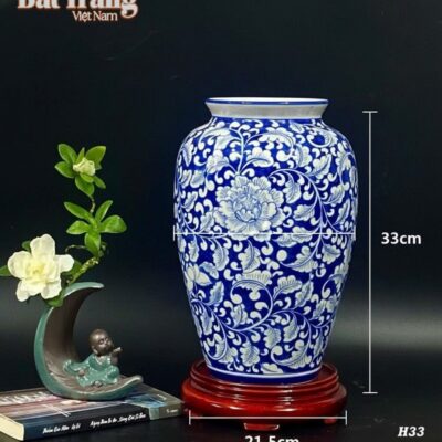 Kích thước Bình hoa dáng xoài vẽ hoa mẫu đơn men xanh BT-LH39