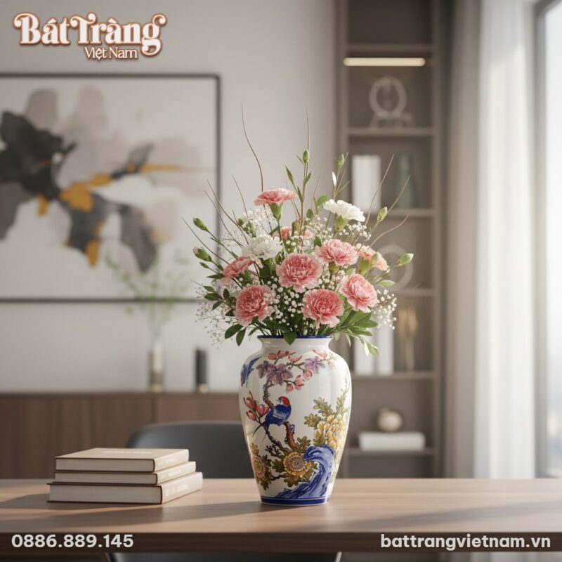 Bình hoa sứ Bát Tràng 33cm x 24cm họa tiết chim... Bình hoa sứ Bát Tràng 33cm x 24cm họa tiết chim...
