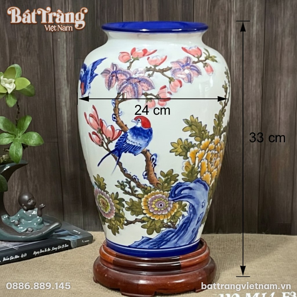 Kích thước Bình hoa vẽ chim đậu cành hoa dáng xoài men màu BT-LH50