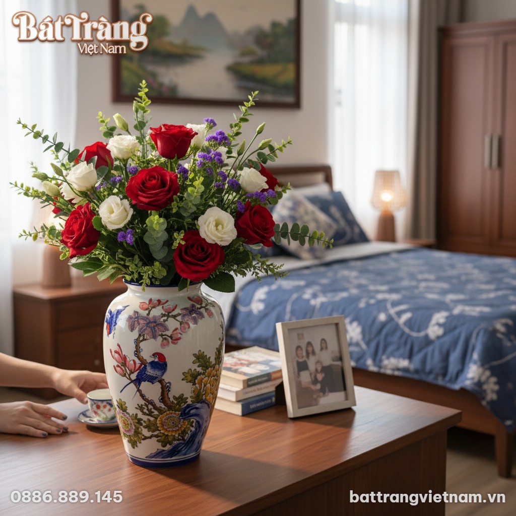 Chân dung cận cảnh bình hoa sứ Bát Tràng 33cm x...