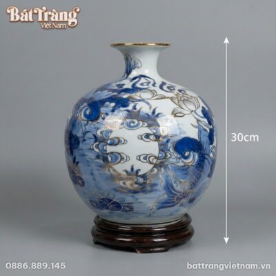 Kích thước Bình Hút Lộc Song Như Cát Tường Men Lam Vẽ Vàng 24K BT-BHL91