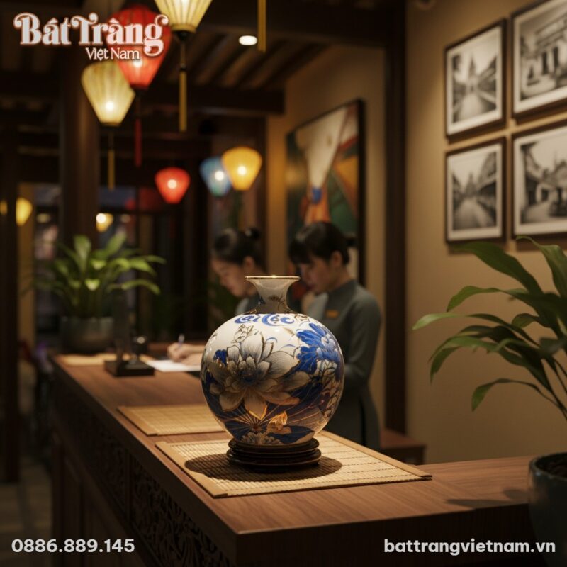 Bình Hút Tài Lộc Hoa Sen Tài Lộc Men Lam Vẽ Vàn...