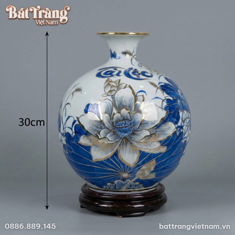 Kích thước Bình Hút Tài Lộc Hoa Sen Tài Lộc Men Lam Vẽ Vàng BT-BHL92