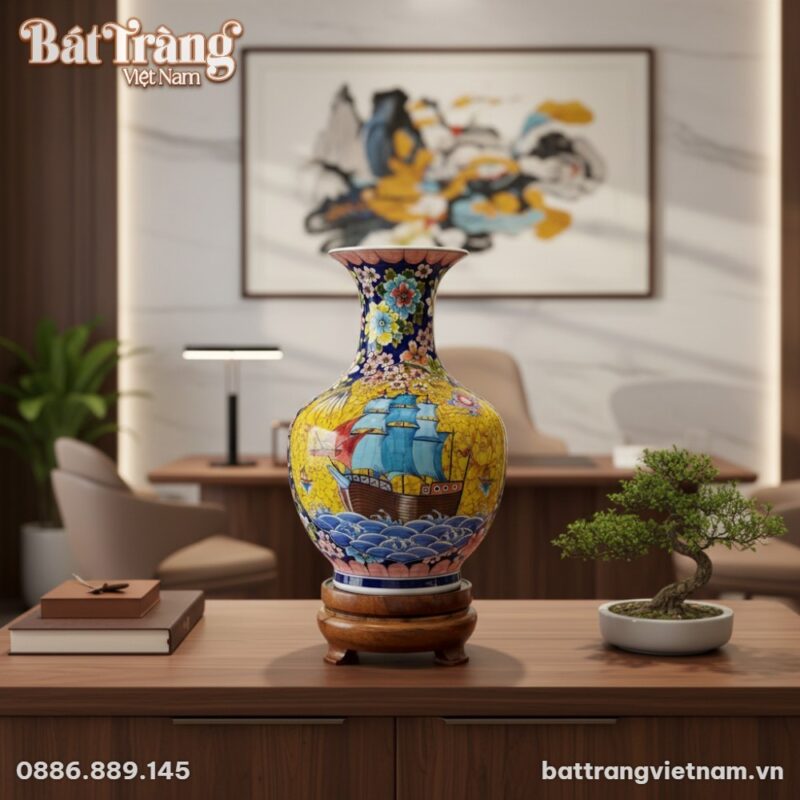 cận cảnh bình gốm Bát Tràng cao 65cm đặt trên t... cận cảnh bình gốm Bát Tràng cao 65cm đặt trên t...