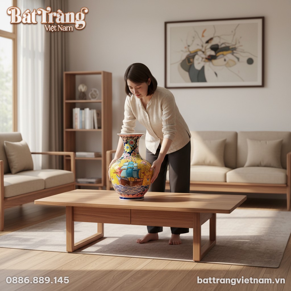 Bình gốm Bát Tràng cao 65cm đứng trên sàn góc p...