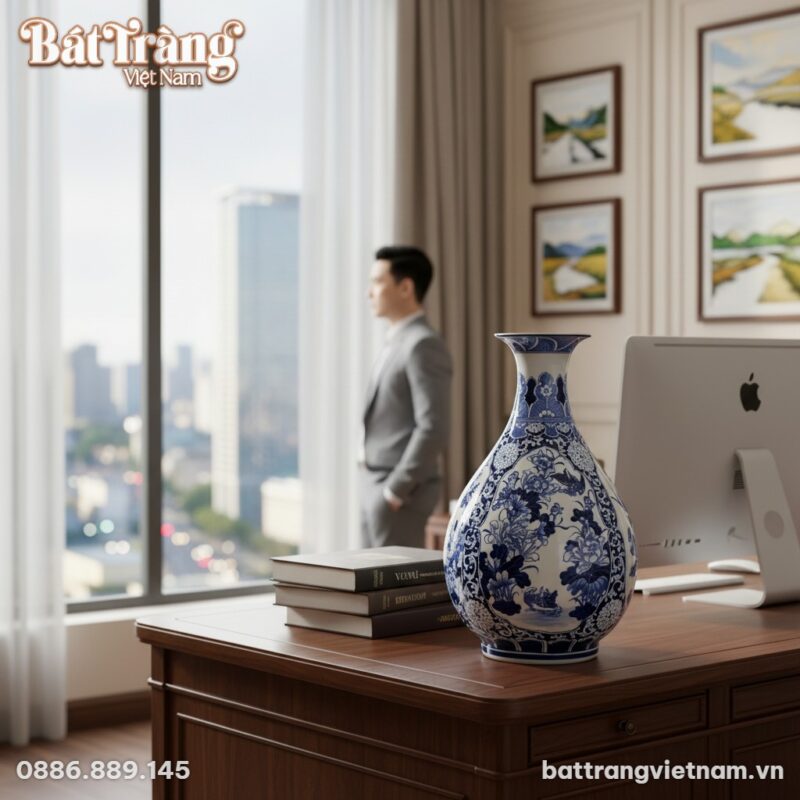 cận cảnh bình Tỳ Bà men lam cao 50cm (không cắm...