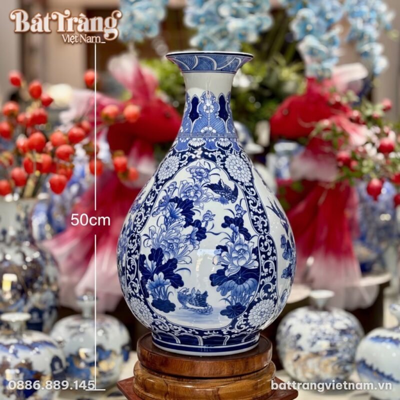 Kích thước Bình Tỳ Bà Men Lam Vẽ Tứ Cảnh Tùng Cúc Trúc Mai Bát Tràng BT-LTB02