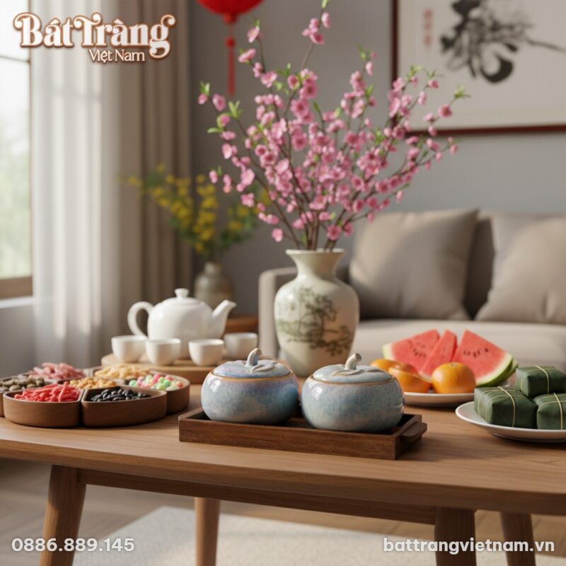 Cận cảnh bộ 2 hũ mứt dáng bí men xanh hỏa biến ...