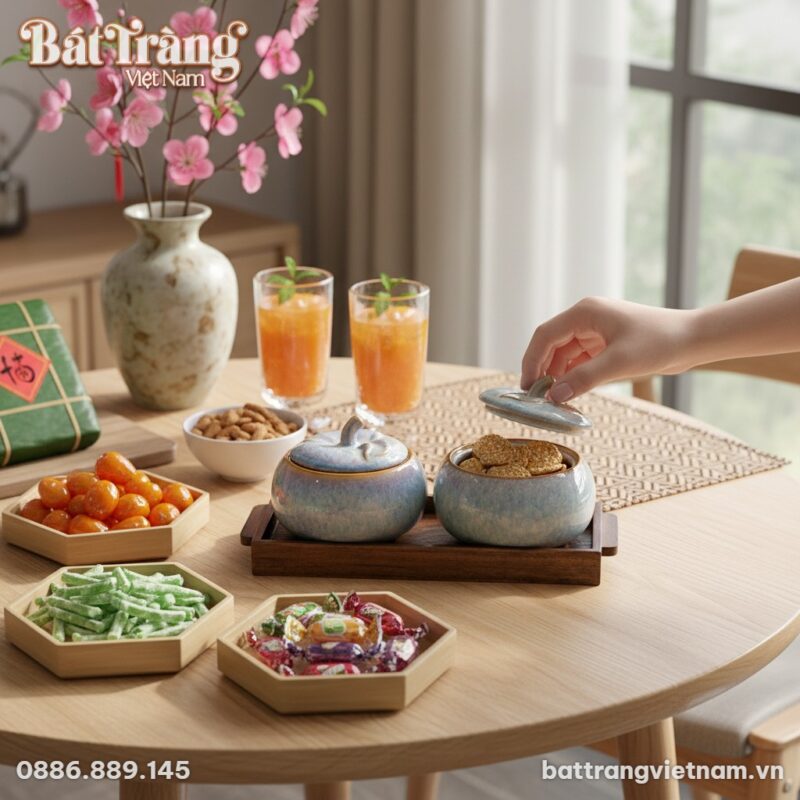 Góc nhìn từ trên cao, bộ 2 hũ mứt dáng bí men x...