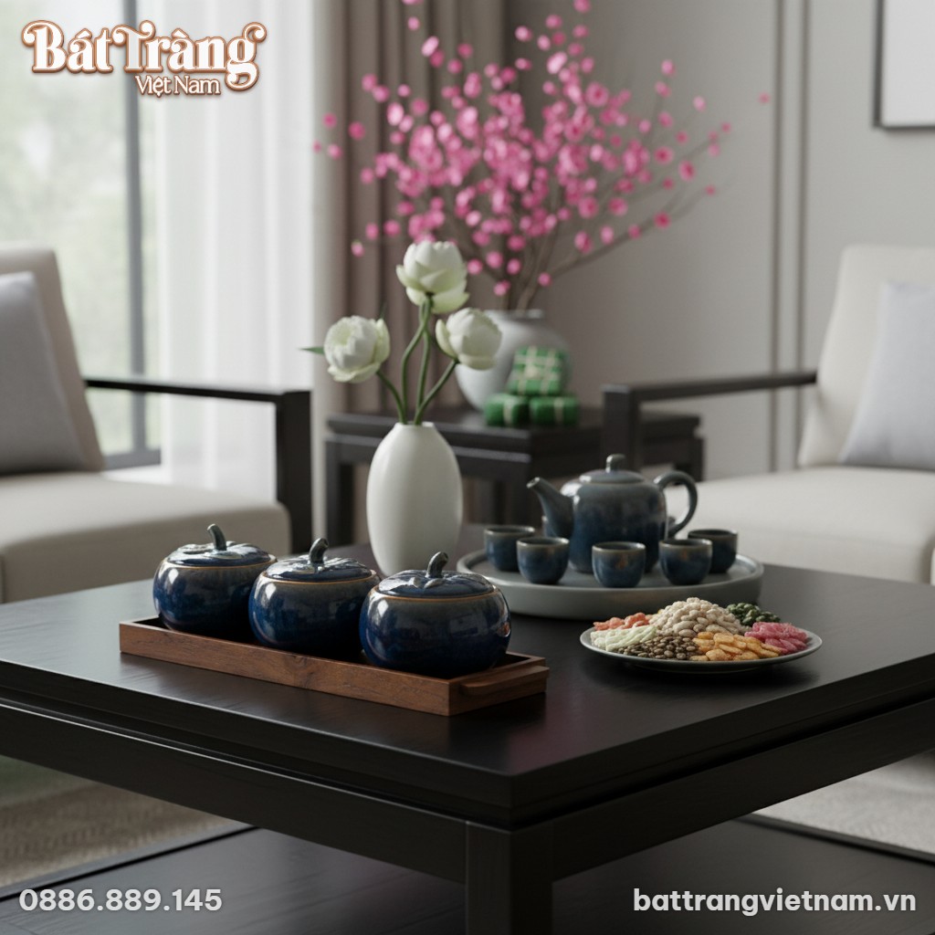 Bộ 3 hũ mứt dáng bí men hỏa biến đặt trên bàn g...