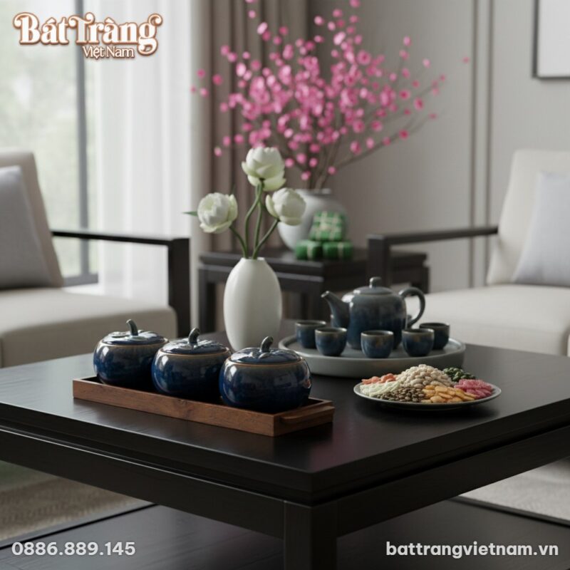 Bộ 3 hũ mứt dáng bí men hỏa biến đặt trên bàn g... Bộ 3 hũ mứt dáng bí men hỏa biến đặt trên bàn g...