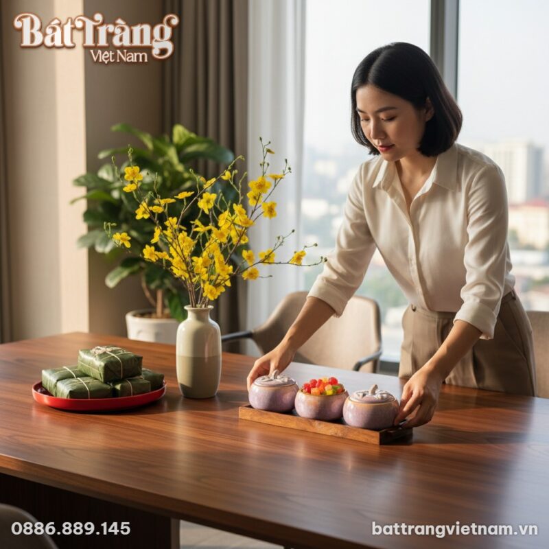 Đôi bàn tay thanh lịch đang đặt bộ 3 hũ đựng mứ...