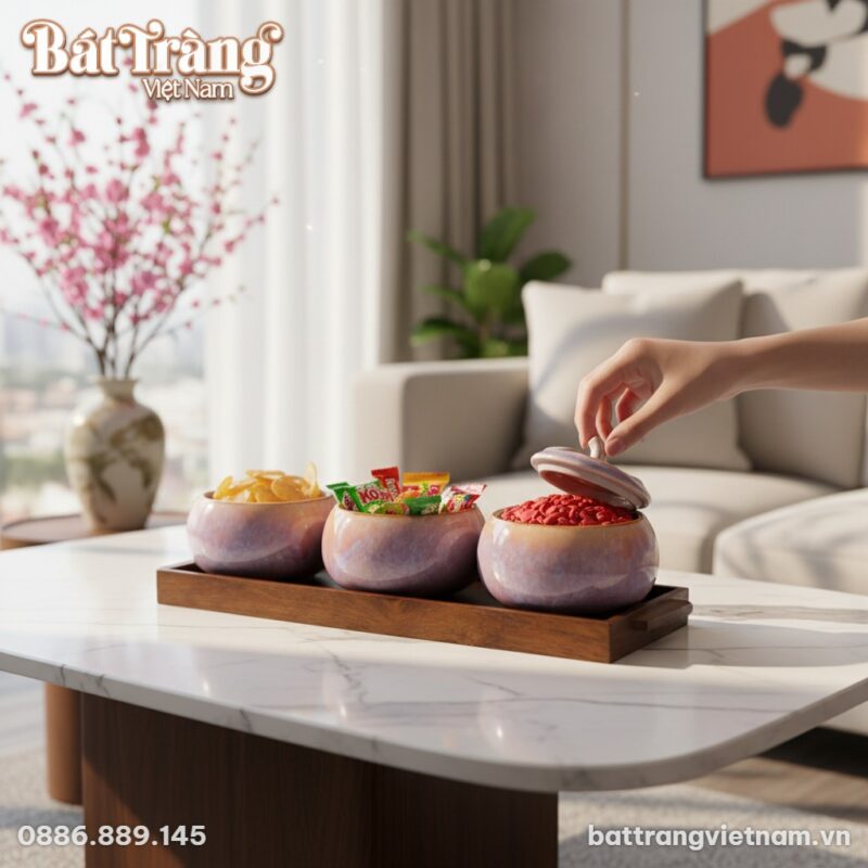 Cận cảnh bộ 3 hũ đựng mứt dáng bí men hỏa biến ...