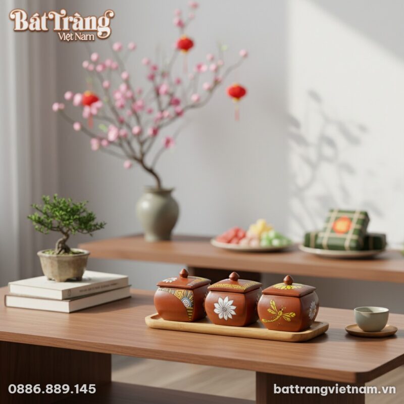 Bộ 3 hũ đựng mứt gốm Bát Tràng họa tiết thổ cẩm... Bộ 3 hũ đựng mứt gốm Bát Tràng họa tiết thổ cẩm...