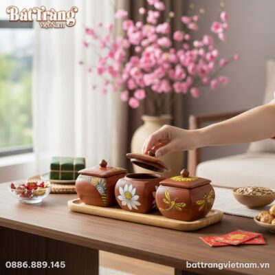 Bộ 3 hũ đựng mứt gốm Bát Tràng họa tiết thổ cẩm...