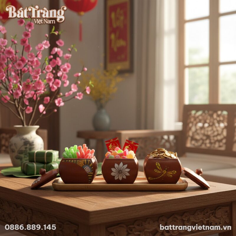 Cận cảnh bộ 3 hũ đựng mứt gốm Bát Tràng họa tiế... Cận cảnh bộ 3 hũ đựng mứt gốm Bát Tràng họa tiế...