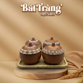 Bộ 4 Hũ Tròn Đựng Mứt Tết Gốm Họa Tiết Thổ Cẩm BT-KM32