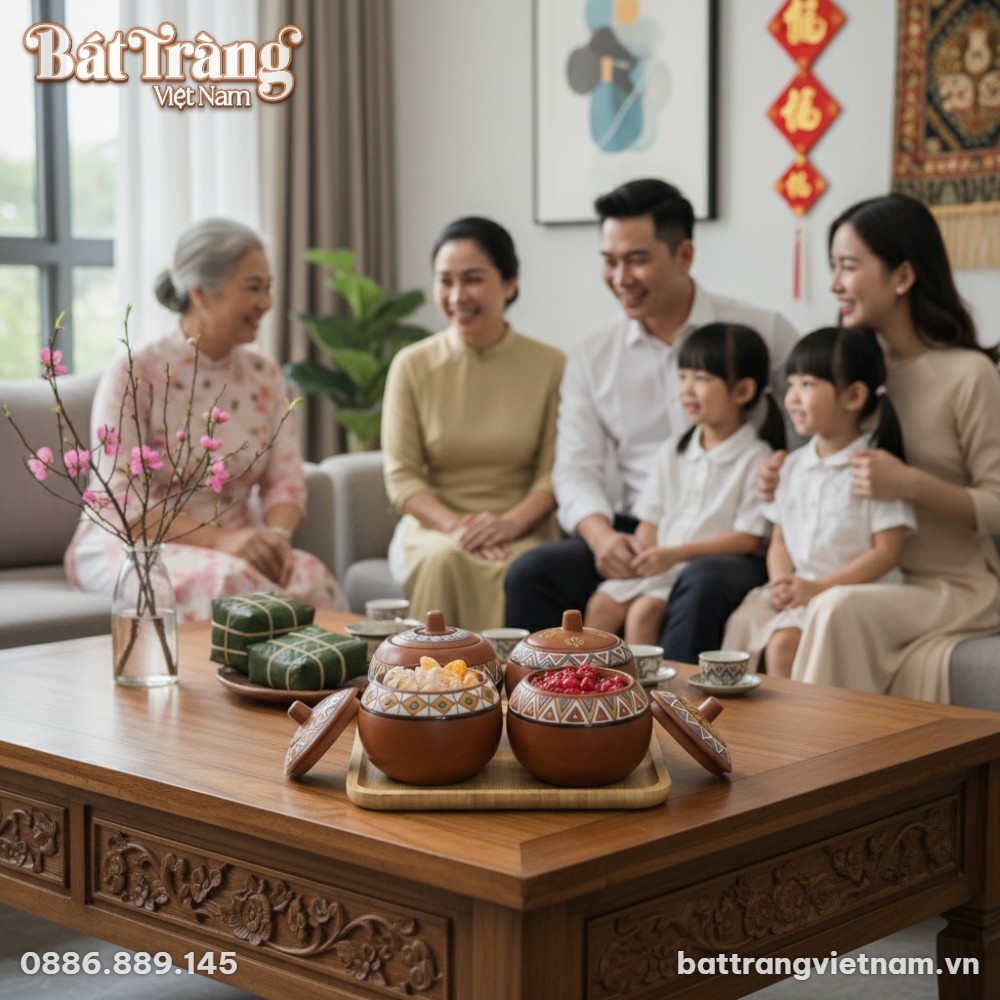 Cận cảnh Bộ 4 hũ đựng mứt gốm thổ cẩm đặt tinh ...