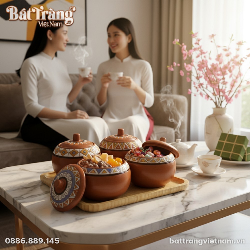 Cận cảnh bộ 4 hũ mứt gốm họa tiết thổ cẩm trên ...