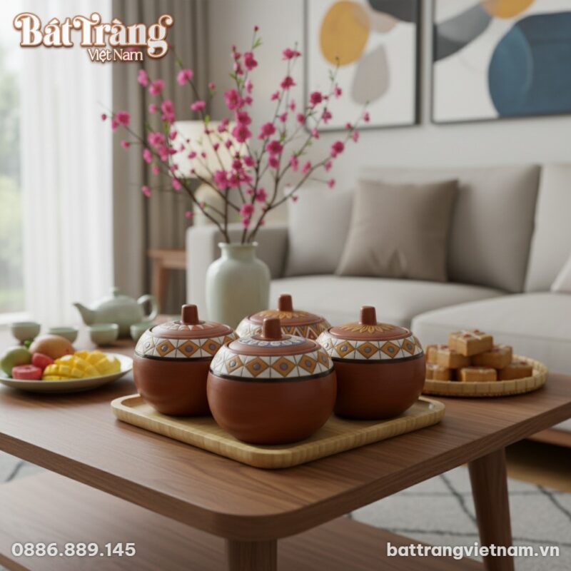 Cận cảnh bộ 4 hũ đựng mứt gốm họa tiết thổ cẩm ... Cận cảnh bộ 4 hũ đựng mứt gốm họa tiết thổ cẩm ...