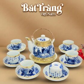 Bộ ấm chén men lam giả vuốt bọc đồng vàng Trúc Lâm Thất Hiền 600ml BT-AC64