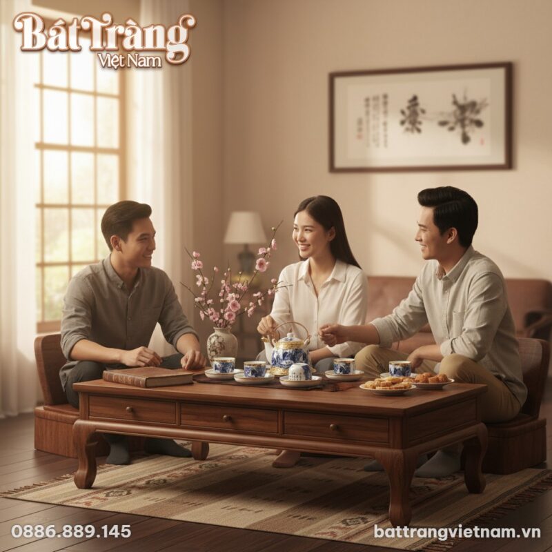 Ba người bạn đang trò chuyện vui vẻ quanh bàn t... Ba người bạn đang trò chuyện vui vẻ quanh bàn t...