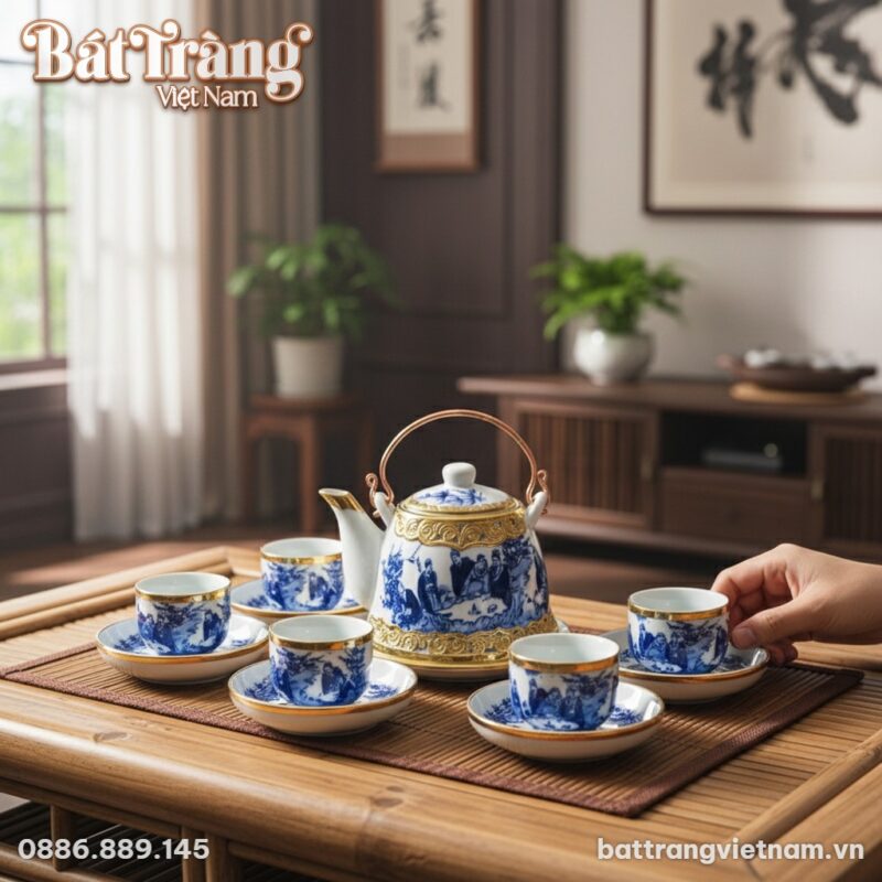 Cận cảnh bộ ấm chén men lam bọc đồng Trúc Lâm T... Cận cảnh bộ ấm chén men lam bọc đồng Trúc Lâm T...