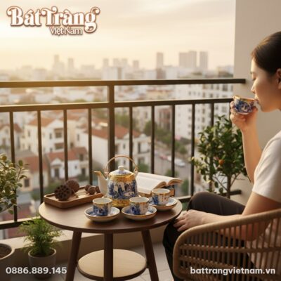 Một người đang nhâm nhi trà chiều với bộ ấm ché...