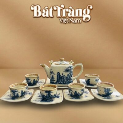 Bộ ấm chén men rạn cổ dáng vuông quai đồng vẽ Trúc Lâm Thất Hiền BT-AC66